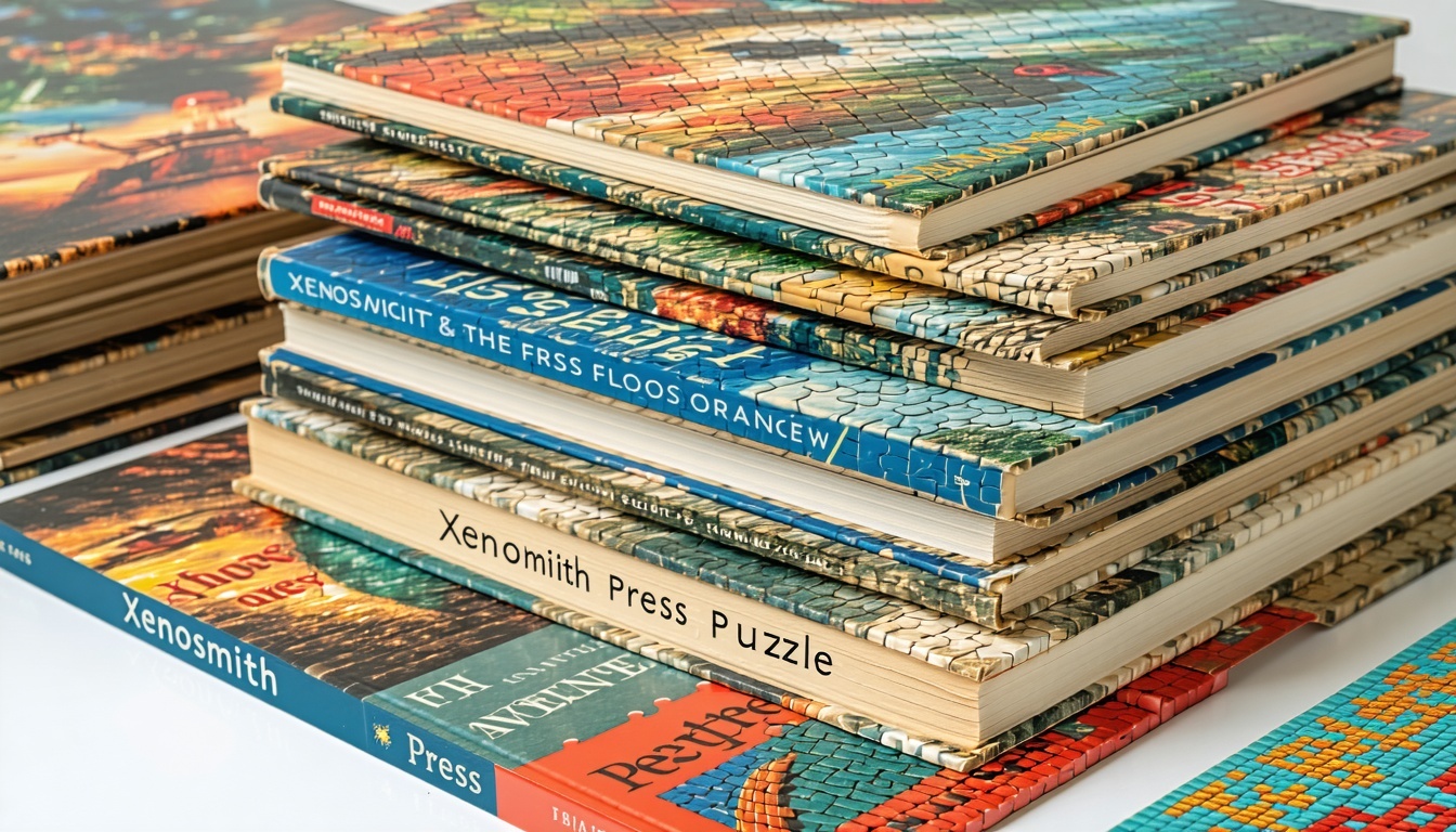 A stack of Xenosmith Press puzzle books featuring vibrant covers and intriguing titles