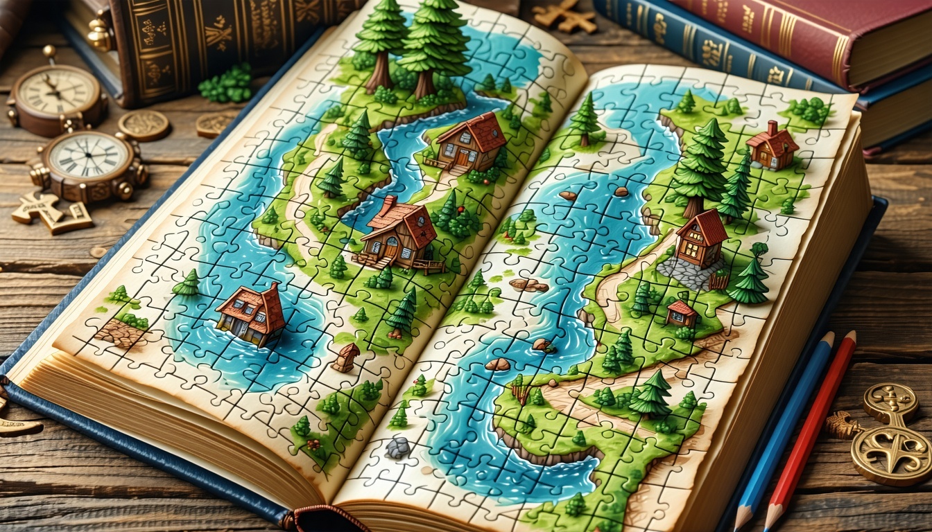 Close-up of a themed puzzle adventure book with intricate illustrations and clues