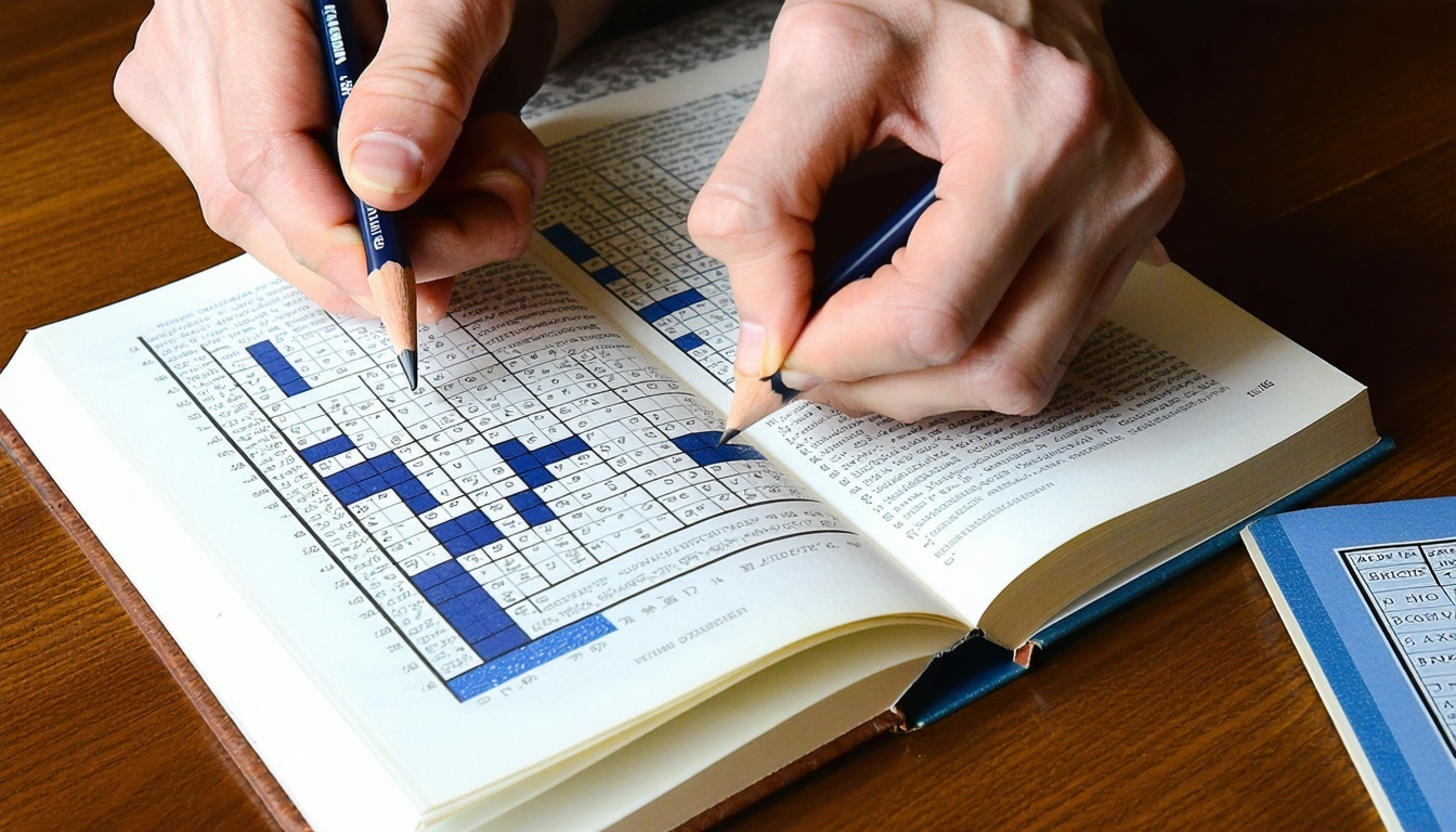 Hands solving a hybrid logic puzzle from a Xenosmith Press book using pencil