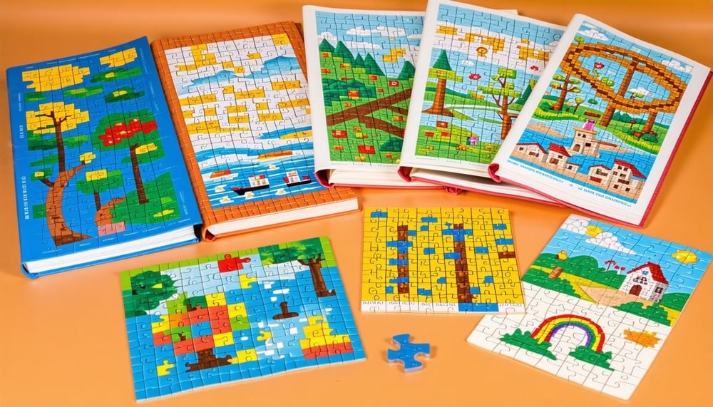 A selection of unique puzzle books and hands-on problem-solving activities. A selection of unique puzzle books and hands-on problem-solving activities.